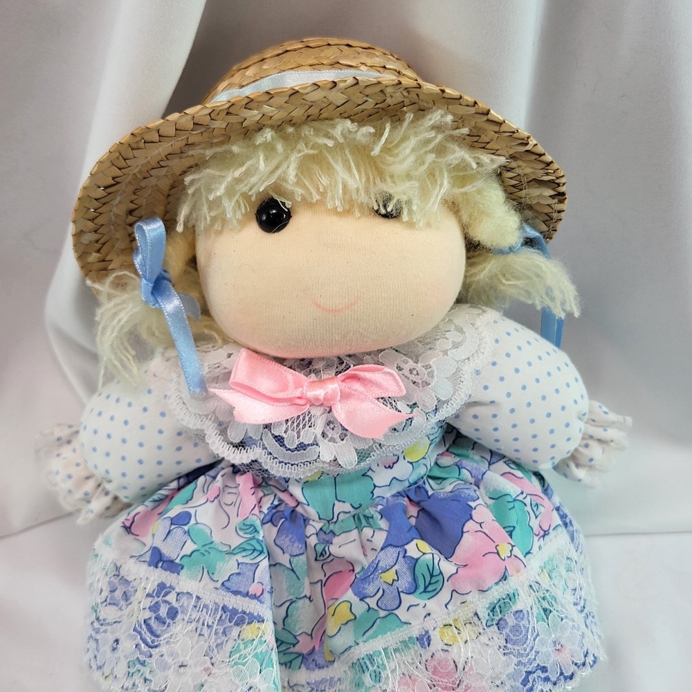 Soft Sculpture Blonde Girl w Sun Hat Coquette‎ Cottagecore Stuffed Plush Doll